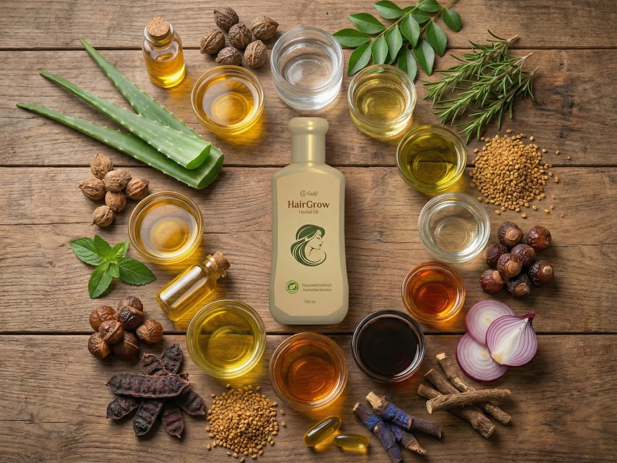 Gulji HairGrow — 18 natural botanical ingredients beautifully arranged