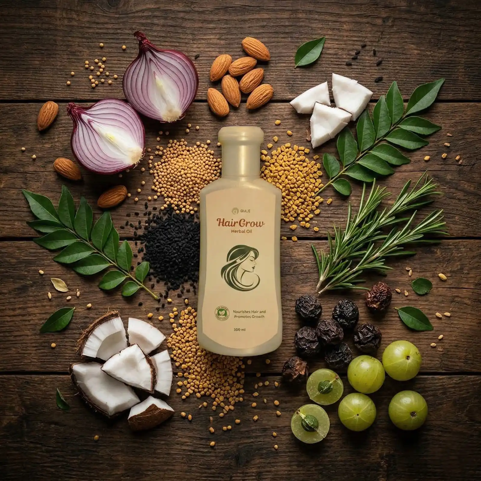 Natural botanical ingredients used in Gulji HairGrow — mustard, coconut, onion, curry leaves, rosemary, black seed, amla