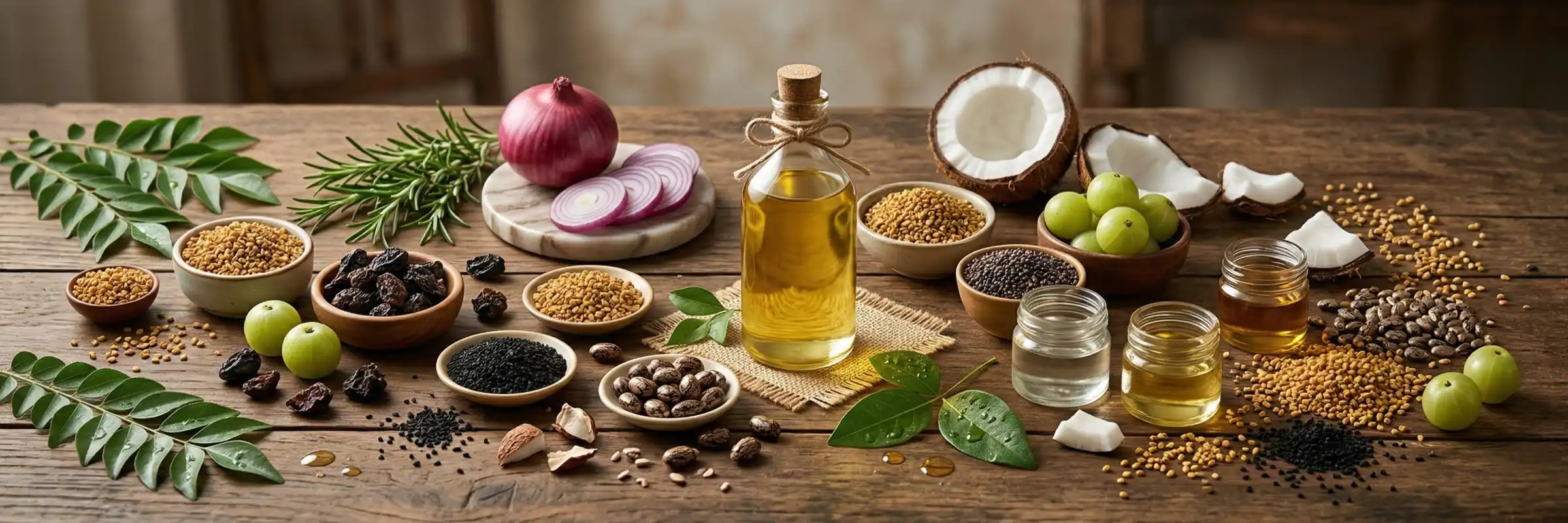 Key botanical ingredients in Gulji HairGrow — onion, rosemary, black seed, amla, curry leaf, fenugreek, coconut