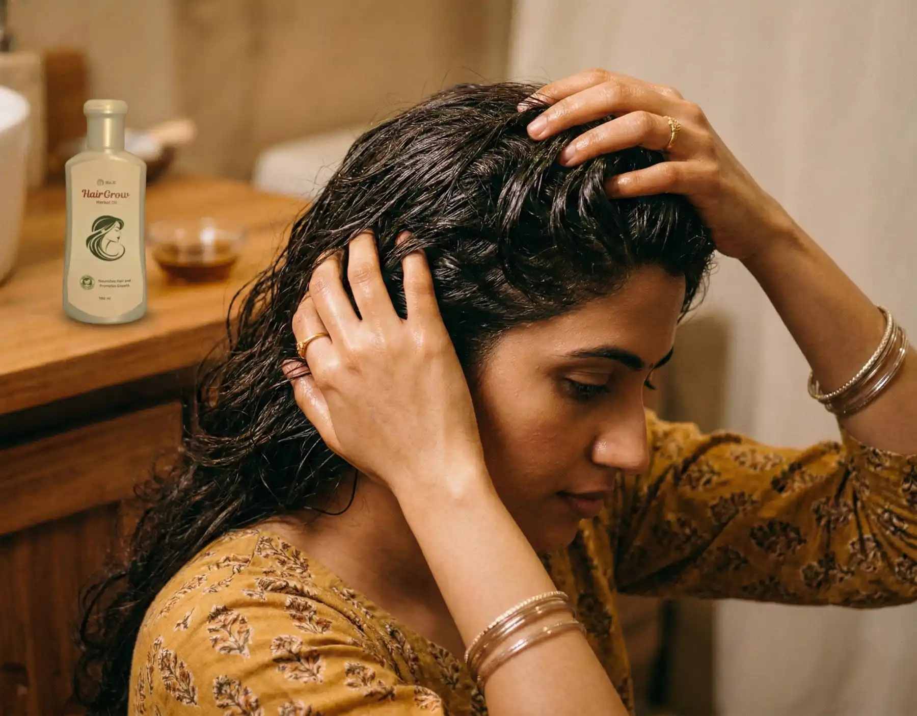 Applying Gulji HairGrow oil with a gentle scalp massage — step-by-step hair care routine for best results